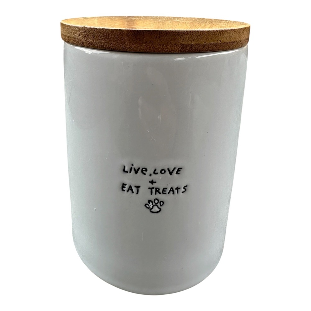 Harmony White Ceramic Pet Treat Jar with Bamboo Lid Live Love Eat Treats 6 inch
